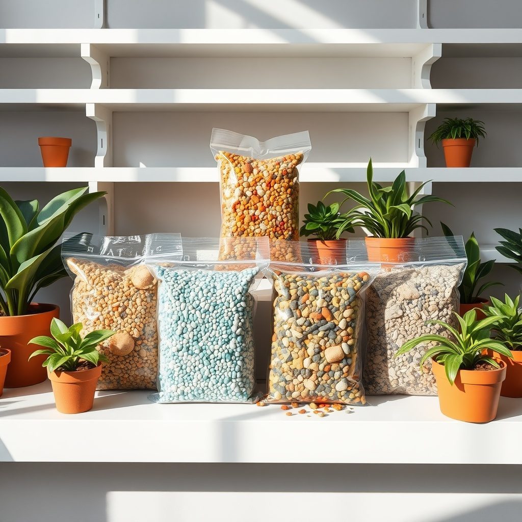 Colorful gravel packs on display
