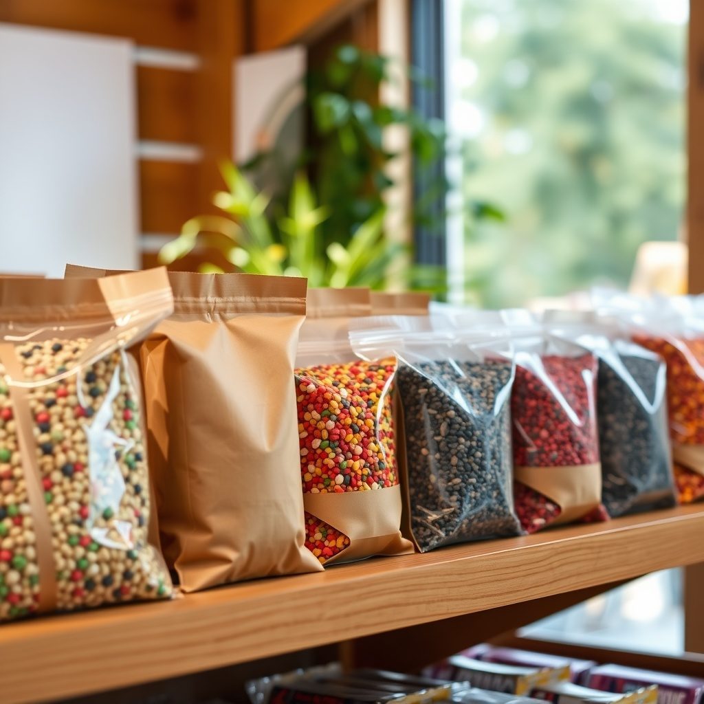 Colored gravel packs on display